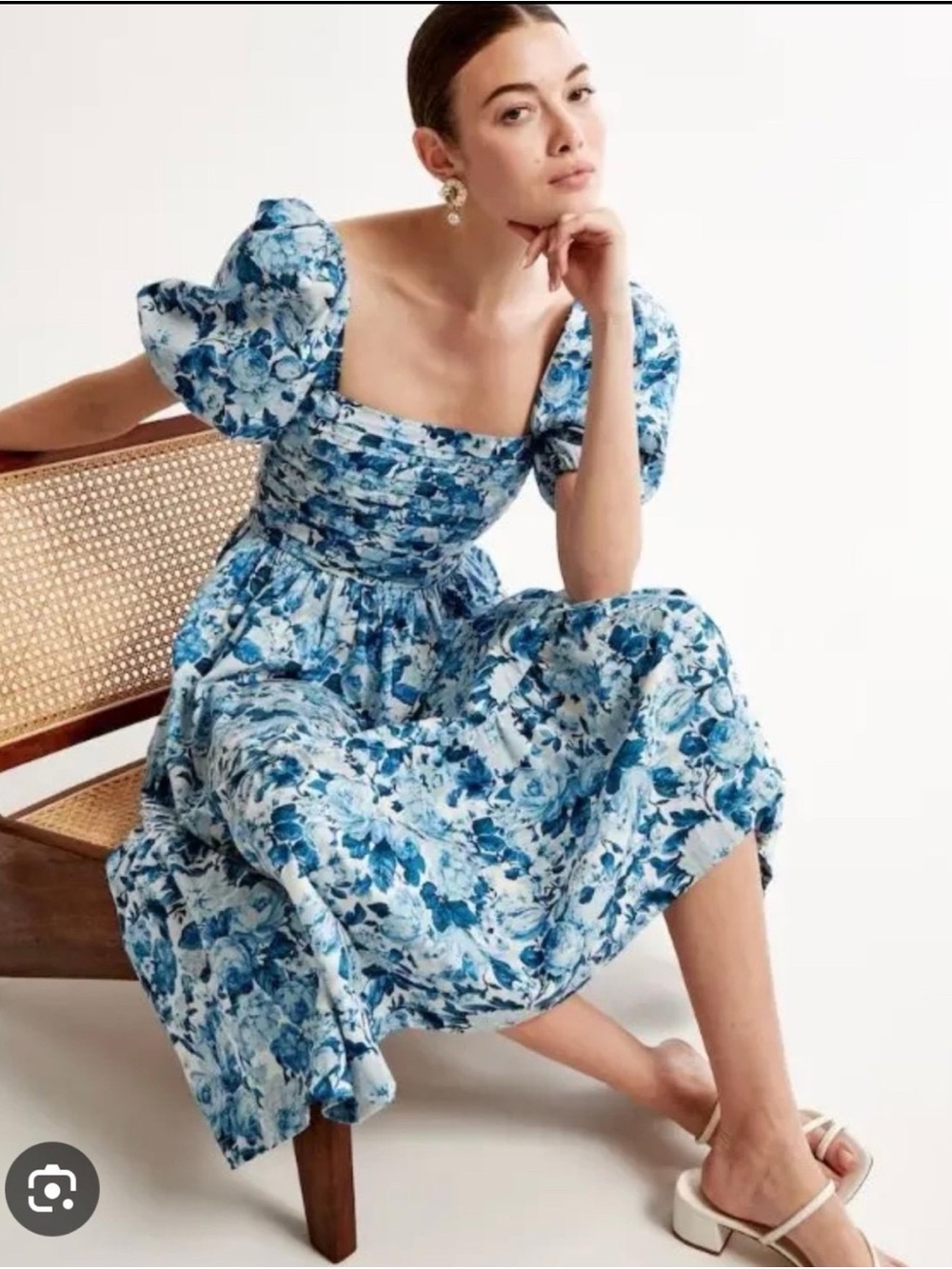 Abercrombie and Fitch Blue Floral Puff Sleeve Midi Dress